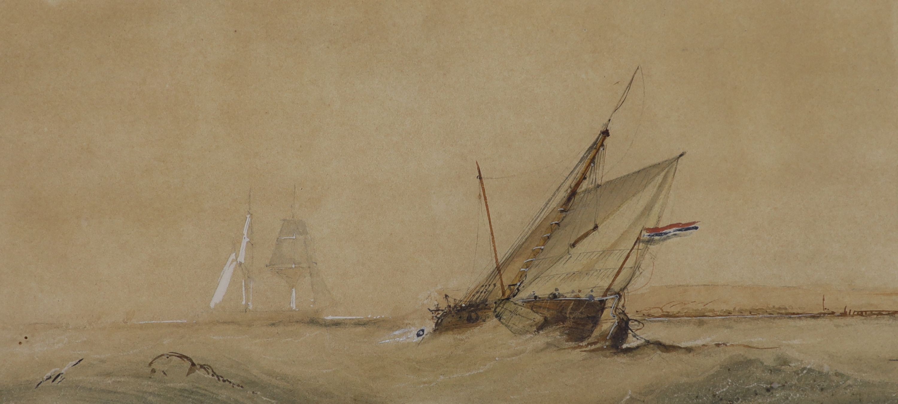 19th century English School, watercolour, Dutch sail barge off the coast, 16 x 34cm